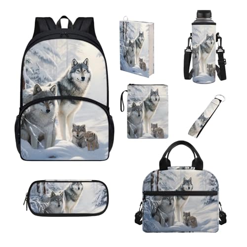 UOIMAG Kinder-Rucksack und Lunchbox-Set, Schultaschen für Jungen und Mädchen, Schulanfang, Büchertaschen, 7-teilig, Wolf Familie, Einheitsgröße, Schulranzen-Set von UOIMAG