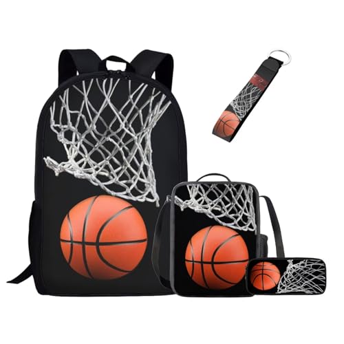 UOIMAG Kinder-Schulranzen-Set für Jungen und Mädchen, Rucksack-Set mit Lunchtasche, Federmäppchen, Schlüsselanhänger, niedliche Büchertaschen, Basketball, Einheitsgröße, Schulranzen-Set von UOIMAG