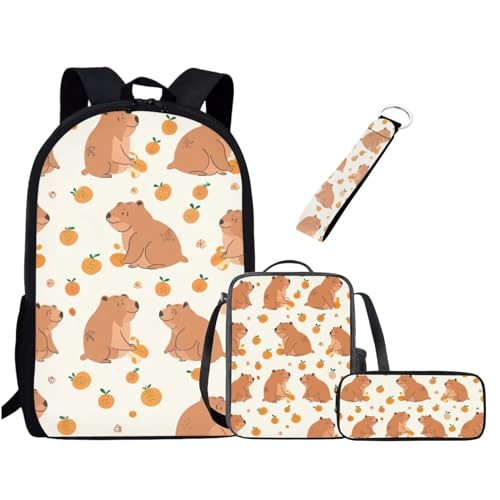 UOIMAG Kinder-Schulranzen-Set für Jungen und Mädchen, Rucksack-Set mit Lunchtasche, Federmäppchen, Schlüsselanhänger, niedliche Büchertaschen, Capybara, Einheitsgröße, Schulranzen-Set von UOIMAG