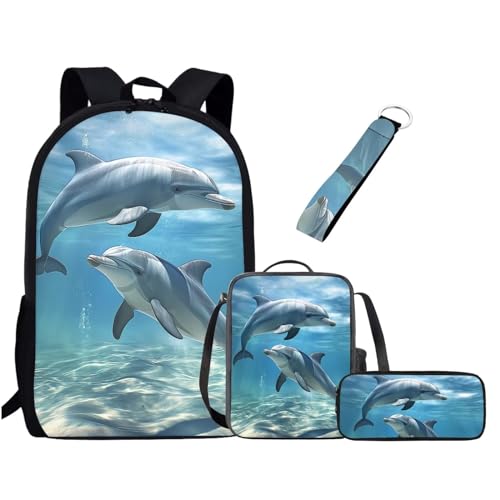 UOIMAG Kinder-Schulranzen-Set für Jungen und Mädchen, Rucksack-Set mit Lunchtasche, Federmäppchen, Schlüsselanhänger, niedliche Büchertaschen, Delfine, Einheitsgröße, Schulranzen-Set von UOIMAG