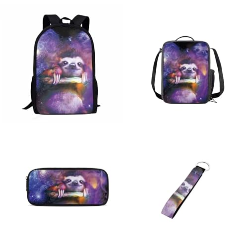 UOIMAG Kinder-Schulranzen-Set für Jungen und Mädchen, Rucksack-Set mit Lunchtasche, Federmäppchen, Schlüsselanhänger, niedliche Büchertaschen, Faultier-Galaxie, Einheitsgröße, Schulranzen-Set von UOIMAG