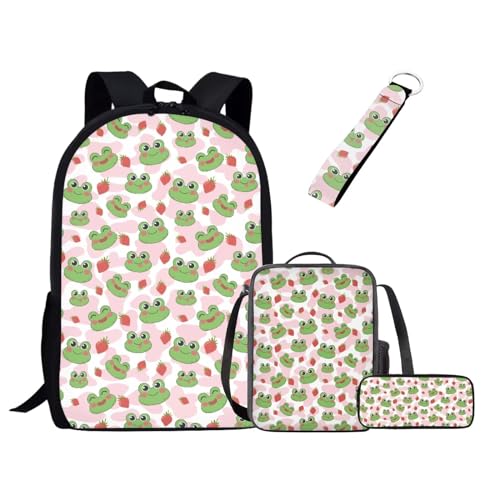 UOIMAG Kinder-Schulranzen-Set für Jungen und Mädchen, Rucksack-Set mit Lunchtasche, Federmäppchen, Schlüsselanhänger, niedliche Büchertaschen, Frösche Erdbeere, Einheitsgröße, Schulranzen-Set von UOIMAG