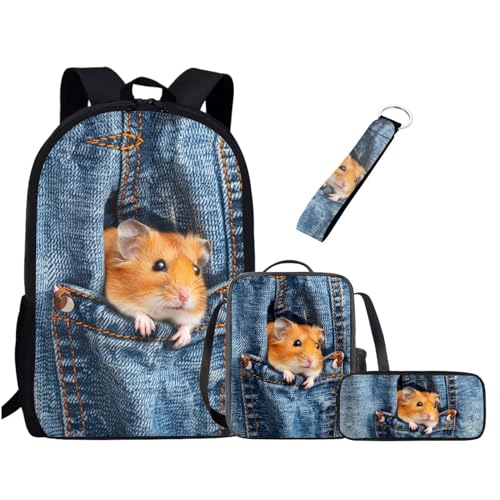 UOIMAG Kinder-Schulranzen-Set für Jungen und Mädchen, Rucksack-Set mit Lunchtasche, Federmäppchen, Schlüsselanhänger, niedliche Büchertaschen, Hamster-Denim-Druck, Einheitsgröße, Schulranzen-Set von UOIMAG