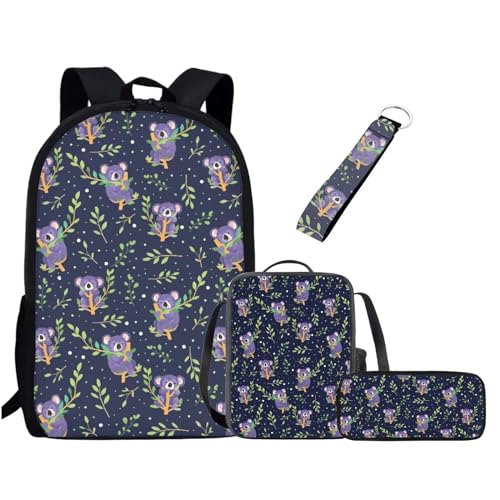 UOIMAG Kinder-Schulranzen-Set für Jungen und Mädchen, Rucksack-Set mit Lunchtasche, Federmäppchen, Schlüsselanhänger, niedliche Büchertaschen, Koala-Blätter, Einheitsgröße, Schulranzen-Set von UOIMAG