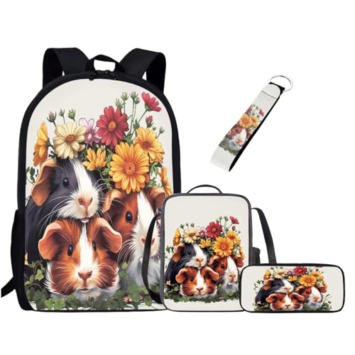 UOIMAG Kinder-Schulranzen-Set für Jungen und Mädchen, Rucksack-Set mit Lunchtasche, Federmäppchen, Schlüsselanhänger, niedliche Büchertaschen, Meerschweinchen mit Blumendruck, Einheitsgröße, von UOIMAG