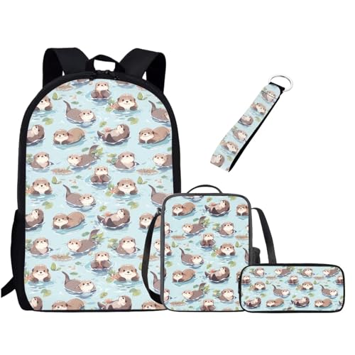 UOIMAG Kinder-Schulranzen-Set für Jungen und Mädchen, Rucksack-Set mit Lunchtasche, Federmäppchen, Schlüsselanhänger, niedliche Büchertaschen, Otter-Muster, Einheitsgröße, Schulranzen-Set von UOIMAG