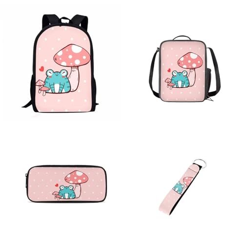 UOIMAG Kinder-Schulranzen-Set für Jungen und Mädchen, Rucksack-Set mit Lunchtasche, Federmäppchen, Schlüsselanhänger, niedliche Büchertaschen, Pilzfrosch, Einheitsgröße, Schulranzen-Set von UOIMAG