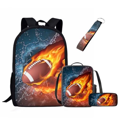 UOIMAG Kinder-Schulranzen-Set für Jungen und Mädchen, Rucksack-Set mit Lunchtasche, Federmäppchen, Schlüsselanhänger, niedliche Büchertaschen, Rugby Water Fire, Einheitsgröße, Schulranzen-Set von UOIMAG