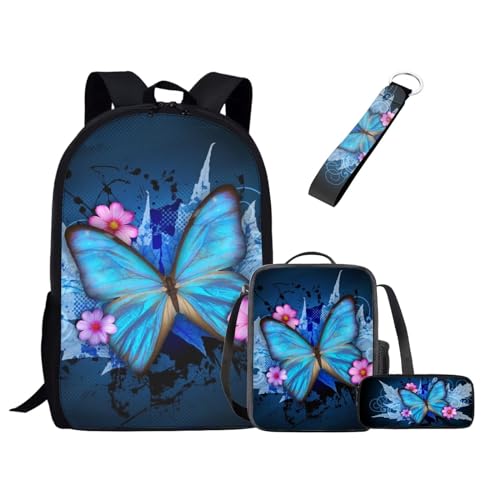 UOIMAG Kinder-Schulranzen-Set für Jungen und Mädchen, Rucksack-Set mit Lunchtasche, Federmäppchen, Schlüsselanhänger, niedliche Büchertaschen, Schmetterling blau, Einheitsgröße, Schulranzen-Set von UOIMAG