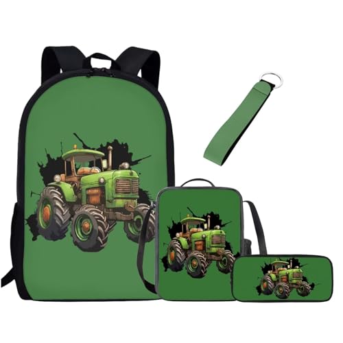 UOIMAG Kinder-Schulranzen-Set für Jungen und Mädchen, Rucksack-Set mit Lunchtasche, Federmäppchen, Schlüsselanhänger, niedliche Büchertaschen, Traktor, Einheitsgröße, Schulranzen-Set von UOIMAG