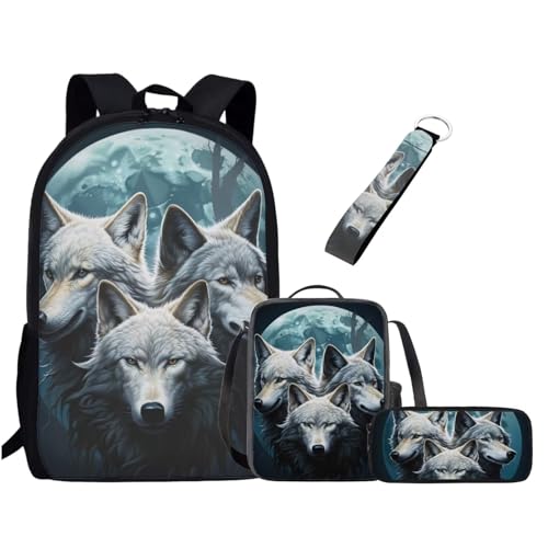 UOIMAG Kinder-Schulranzen-Set für Jungen und Mädchen, Rucksack-Set mit Lunchtasche, Federmäppchen, Schlüsselanhänger, niedliche Büchertaschen, Wolf Mond, Einheitsgröße, Schulranzen-Set von UOIMAG