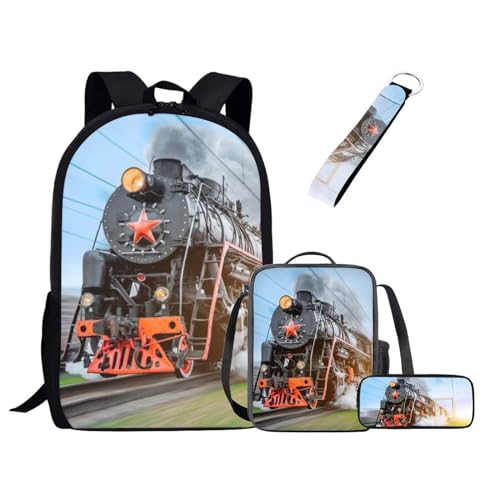 UOIMAG Kinder-Schulranzen-Set für Jungen und Mädchen, Rucksack-Set mit Lunchtasche, Federmäppchen, Schlüsselanhänger, niedliche Büchertaschen, Zug, Einheitsgröße, Schulranzen-Set von UOIMAG