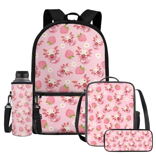 UOIMAG Kinder-Schultaschen, Rucksack, Lunchbox-Set mit Wasserflaschenhalter, Federmäppchen, 4-teiliges Set, Axolotl Erdbeermuster, Einheitsgröße, Schulranzen-Set von UOIMAG