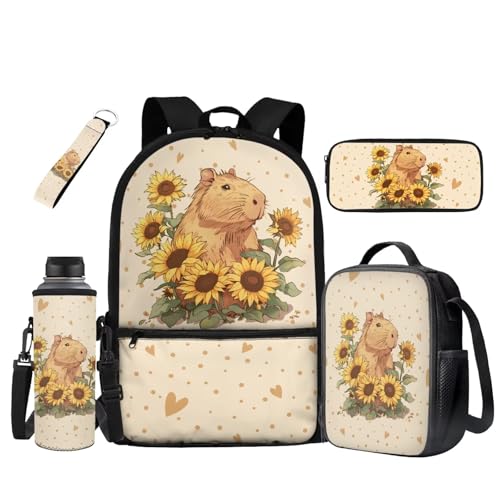 UOIMAG Kinder-Schultaschen- und Lunch-Taschen-Set mit 5-teiligem Rucksack und Wasserflaschenhalter mit Federmäppchen, Capybara Sonnenblume, Einheitsgröße, Schulranzen-Set von UOIMAG
