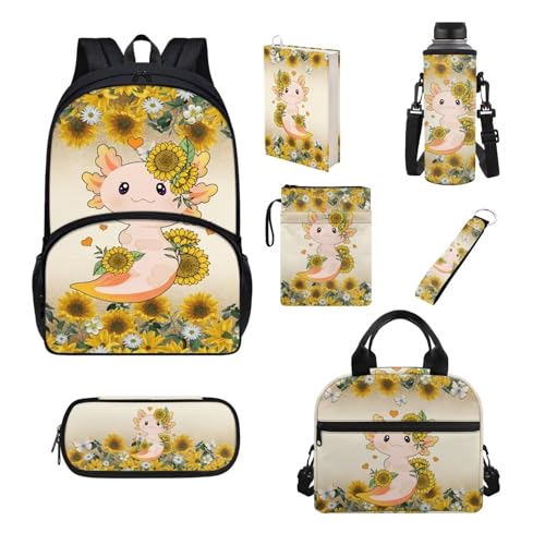 UOIMAG Niedliches Schulranzen-Set für Mädchen, Jungen, Kinder, Schulbedarf, Rucksack, isolierte Lunchbox-Set, 7-teilig, Axolotl Sonnenblume, Einheitsgröße, Schulranzen-Set von UOIMAG