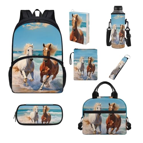 UOIMAG Niedliches Schulranzen-Set für Mädchen, Jungen, Kinder, Schulbedarf, Rucksack, isolierte Lunchbox-Set, 7-teilig, Horses Beach, Einheitsgröße, Schulranzen-Set von UOIMAG