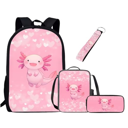 UOIMAG Niedliches Schulranzen-Set für Mädchen und Jungen, Rucksack-Set mit Lunchtasche, Federmäppchen, Schlüsselanhänger, Schulbüchertaschen für Kinder, Axolotl Heart Pink, Einheitsgröße, von UOIMAG