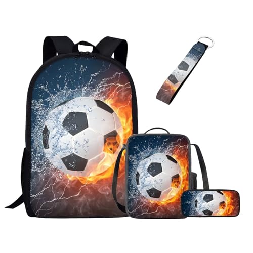 UOIMAG Niedliches Schulranzen-Set für Mädchen und Jungen, Rucksack-Set mit Lunchtasche, Federmäppchen, Schlüsselanhänger, Schulbüchertaschen für Kinder, Fußball, Wasserfeuer, Einheitsgröße, von UOIMAG