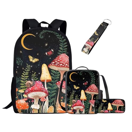 UOIMAG Niedliches Schulranzen-Set für Mädchen und Jungen, Rucksack-Set mit Lunchtasche, Federmäppchen, Schlüsselanhänger, Schulbüchertaschen für Kinder, Pilz, Schmetterling, Mond, Sterne, von UOIMAG