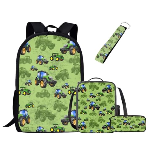 UOIMAG Niedliches Schulranzen-Set für Mädchen und Jungen, Rucksack-Set mit Lunchtasche, Federmäppchen, Schlüsselanhänger, Schulbüchertaschen für Kinder, Traktor, Einheitsgröße, Schulranzen-Set von UOIMAG