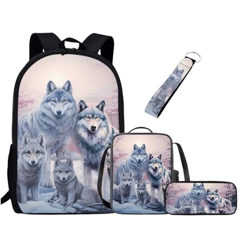 UOIMAG Niedliches Schulranzen-Set für Mädchen und Jungen, Rucksack-Set mit Lunchtasche, Federmäppchen, Schlüsselanhänger, Schulbüchertaschen für Kinder, Wolf Familie, Einheitsgröße, Schulranzen-Set von UOIMAG