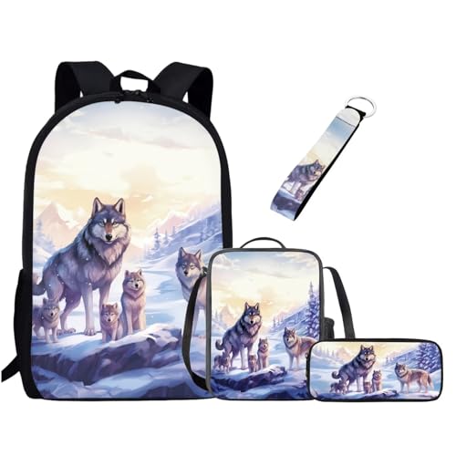 UOIMAG Niedliches Schulranzen-Set für Mädchen und Jungen, Rucksack-Set mit Lunchtasche, Federmäppchen, Schlüsselanhänger, Schulbüchertaschen für Kinder, Wolfsfamilienaufdruck, Einheitsgröße, von UOIMAG