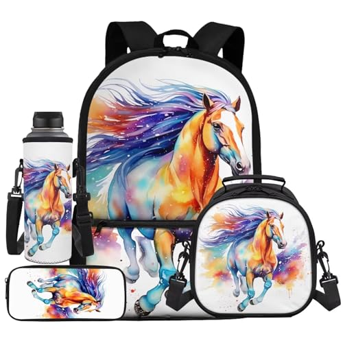 UOIMAG Rucksack und Lunchtasche, Schulranzen-Set für Kinder, 4-teilig, mit Wasserflaschenhalter, Federmäppchen, Pferd, bunt, Einheitsgröße, Schulranzen-Set UOIMAG Rucksack und Lunchtasche, Schulranzen-Set für Kinder, 4-teilig, mit Wasserflaschenhalter, Federmäppchen, Pferd, bunt, Einheitsgröße, Schulranzen-Set von UOIMAG