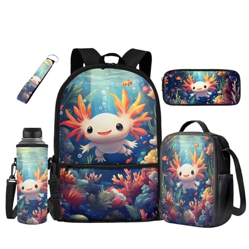 UOIMAG Schulranzen, Rucksack, Lunchbox-Set, Kinder-Rucksack mit Wasserflaschenhalter, 5-teiliges Set, Axolotl unter Wasser, Einheitsgröße, Schulranzen-Set UOIMAG Schulranzen, Rucksack, Lunchbox-Set, Kinder-Rucksack mit Wasserflaschenhalter, 5-teiliges Set, Axolotl unter Wasser, Einheitsgröße, Schulranzen-Set von UOIMAG
