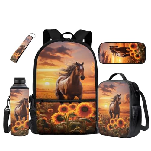 UOIMAG Schulranzen, Rucksack, Lunchbox-Set, Kinder-Rucksack mit Wasserflaschenhalter, 5-teiliges Set, Pferd Sonnenblume Sonnenuntergang, Einheitsgröße, Schulranzen-Set UOIMAG Schulranzen, Rucksack, Lunchbox-Set, Kinder-Rucksack mit Wasserflaschenhalter, 5-teiliges Set, Pferd Sonnenblume Sonnenuntergang, Einheitsgröße, Schulranzen-Set von UOIMAG
