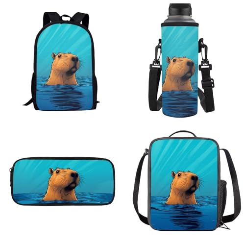 UOIMAG Schultaschen-Sets für Jungen und Mädchen, Rucksack mit Lunchtasche, Federmäppchen, Wasserflaschenhalter, Kindertaschen, Capybara Blue, Einheitsgröße, Schulranzen-Set von UOIMAG