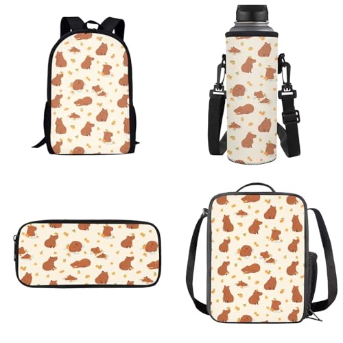 UOIMAG Schultaschen-Sets für Jungen und Mädchen, Rucksack mit Lunchtasche, Federmäppchen, Wasserflaschenhalter, Kindertaschen, Capybara-Muster, Einheitsgröße, Schulranzen-Set von UOIMAG