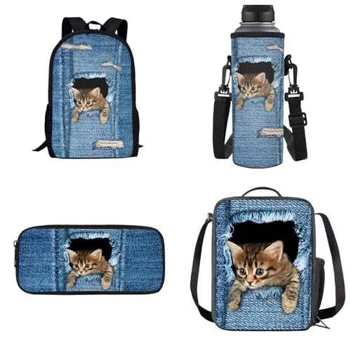 UOIMAG Schultaschen-Sets für Jungen und Mädchen, Rucksack mit Lunchtasche, Federmäppchen, Wasserflaschenhalter, Kindertaschen, Katzen-Denim-Druck, Einheitsgröße, Schulranzen-Set von UOIMAG