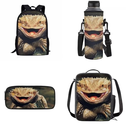 UOIMAG Schultaschen-Sets für Jungen und Mädchen, Rucksack mit Lunchtasche, Federmäppchen, Wasserflaschenhalter, Kindertaschen, Lizard, Einheitsgröße, Schulranzen-Set von UOIMAG