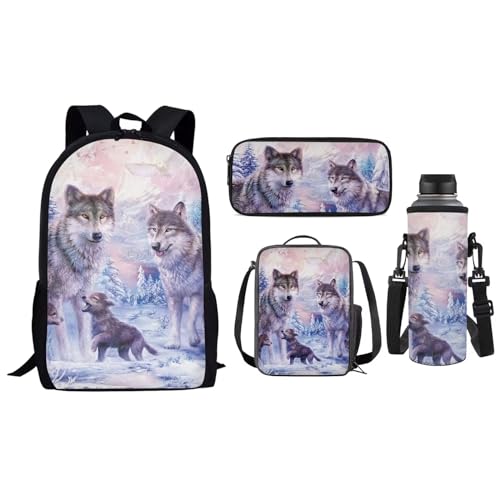 UOIMAG Schultaschen-Sets für Jungen und Mädchen, Rucksack mit Lunchtasche, Federmäppchen, Wasserflaschenhalter, Kindertaschen, Wolf Family Snow, Einheitsgröße, Schulranzen-Set von UOIMAG