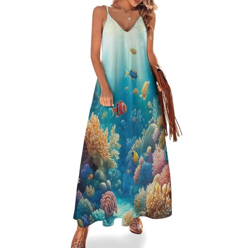 Damen Ärmelloser Langer Kleid, Unterwasserwelt Spaghettiträger Freizeitkleid,V-Ausschnitt Korallenriff Bedrucktes Ärmelloses Maxikleid, Blaugrün Lang A Linien Swing Sommerkleid von UOMSKTY
