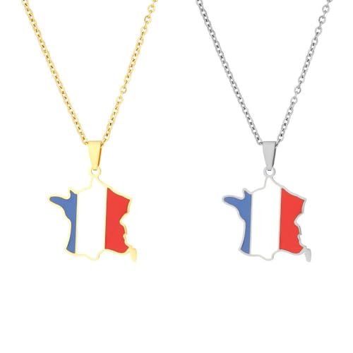 Frankreich-Karte-Flagge-Anhänger-Halskette – Damen-Herren-Charm,Modische Französische Land-Halskette,Schmuck,Schlüsselbeinkette,Pullover,Dünne Kette,Patriotischer Chic,Halsband Für Männer Und F von UOMSKTY