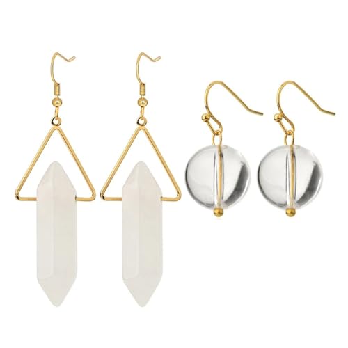 Klassische Klare Kristall-Set-Ohrringe – Schicker Spitzer Sechseckiger Anhänger,Natürlicher Weißer Kristall-Ohrring Für Damen,Reiki-Schmuck,Passend Für Party,Jahrestag,Weiß von UOMSKTY