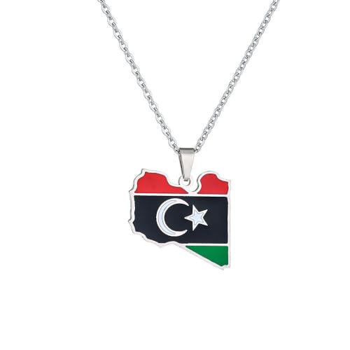 Libyen-Karte-Flagge-Anhänger-Halskette – Karten Von Libyen,Land-Charm-Anhänger-Schmuck,Ethnische Schlüsselbeinkette Für Damen Und Herren,Patriotische Pullover-Kette,Halsketten,Geschenke,Weiß,50 von UOMSKTY