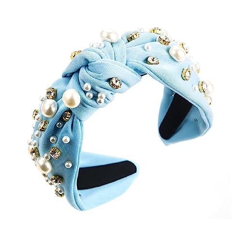 Mädchen-Stirnband Mit Perlen Und Strasssteinen – Eleganter, Blau Geknoteter, Breiter Haarreifen, Modischer Haarschmuck, Trendige Damen-Haarkrone, Schicker Charme, Outdoor-Party-Schmuck, Kopfbedecku von UOMSKTY