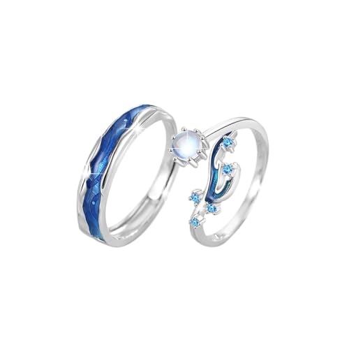 Modische S925-Paare-Passende Ringe - Verträumter Blauer Emaille-Fischschwanz-Verstellbarer Ring, Schmuck, Offener Mondstein-Ring, Charm-Ewigkeitsversprechen, Eheringe Für Liebhaber, Männer Und Fra von UOMSKTY