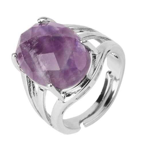 Natürliche Amethyst-Ringe Für Frauen – Eiförmiger Naturstein,Klassisch,Facettiert,Handgefertigt,Mit Vier Zinken Eingelegt,Fingerringe Aus Lila Stein,Größenverstellbarer Reiki-Kristall-Schmuck Od von UOMSKTY