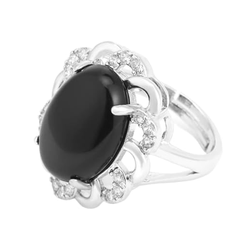 Natürlicher Schwarzer Onyx-Ring Für Frauen – Modischer Übertriebener Eiförmiger Schwarzer Steinring,Verstellbare Offene Reiki-Stein-Fingerringe,Ewigkeitsring Für Frauen Und Mädchen,Schwarz,Vers von UOMSKTY