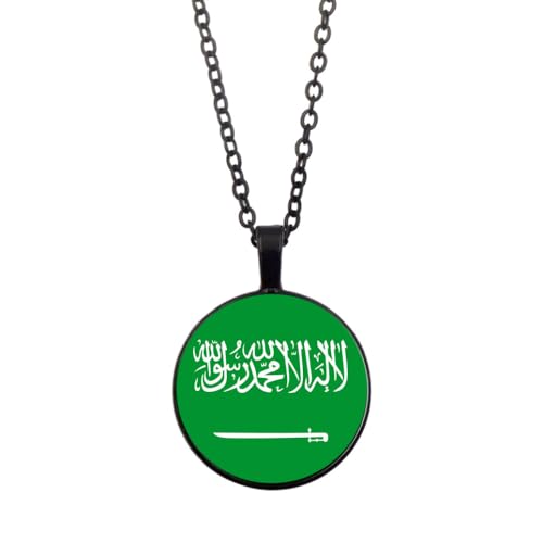 Saudi-Arabien-Flaggen-Anhänger-Halskette,Schmuck-Charm,Flaggenbanner,Zeit-Edelstein-Glas-Cabochon-Anhänger,Kreis-Jubiläums-Anhänger-Halskette Für Patriotische Frauen Und Männer,Schwarz,45 + 5 Cm von UOMSKTY