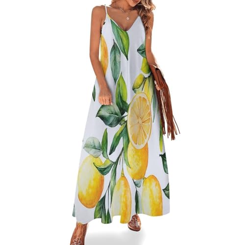 Sommerkleid Damen Lang Elegant Träger Kleid,V-Ausschnitts A-Linie Strandkleider, Aquarell Zitrone Maxikleid Leicht Und Luftig Elegant Grüne Blätter Festliche Kleider von UOMSKTY