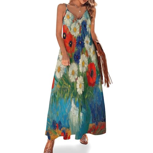 Sommerkleid Damen Spaghetti Lang Trägerkleid, Blumen Ölgemälde Sommer Elegant Ärmellos Luftige Maxikleid Damen, Gänseblümchen Mohnblumen V Ausschnitt Rückenfrei Trägerkleid,A-Linie Freizeitkleid Sommerkleid Damen Spaghetti Lang Trägerkleid, Blumen Ölgemälde Sommer Elegant Ärmellos Luftige Maxikleid Damen, Gänseblümchen Mohnblumen V Ausschnitt Rückenfrei Trägerkleid,A-Linie Freizeitkleid von UOMSKTY
