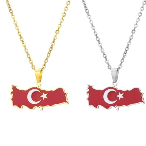 Türkei-Karte-Flagge-Anhänger-Halskette – Damen-Halskette Mit Türkischen Emaille-Tropfenöl,Ethnischen Landkarten Mit Kette,Trendiger Patriotischer Schmuck Für Damen Und Herren,Party-Geschenk,Gelb von UOMSKTY