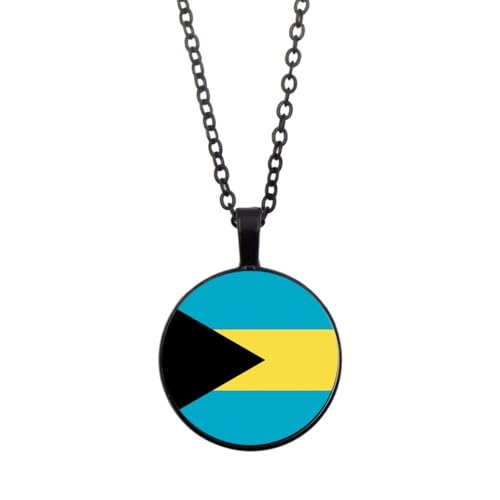 UOMSKTY Bahamas-Flaggen-Halsketten-Anhänger,Modische Unisex-Glaskuppel-Flaggen-Halskette,Kreative Runde Cabochon-Halsketten,Patriotischer Charm-Schmuck Für Männer Und Frauen,Schwarz,45 + 5 Cm von UOMSKTY