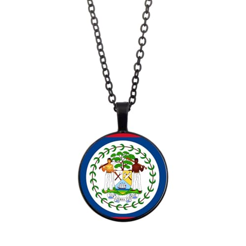 UOMSKTY Belize-Flaggen-Halsketten-Anhänger,Modische Unisex-Glaskuppel-Flaggen-Halskette,Kreative Runde Cabochon-Halsketten,Patriotischer Charm-Schmuck Für Männer Und Frauen,Schwarz,45 + 5 Cm von UOMSKTY