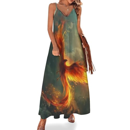 UOMSKTY Damen Sommer Lang Trägerkleid, Sommerkleid V Ausschnitt Phönix Muster, Rückenfrei Ärmellos Maxi Kleider Boho Strandkleid Rote Gelbe Flammen Langes Strandkleider von UOMSKTY