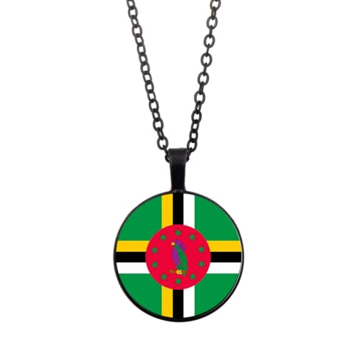 UOMSKTY Dominica-Länder-Flaggen-Anhänger,Dominica-Glas-Cabochon-Rund-Banner-Anhänger-Halskette Für Männer Und Frauen,Nationalflagge,Modeschmuck,Geschenk,Schwarz,45 + 5 Cm von UOMSKTY
